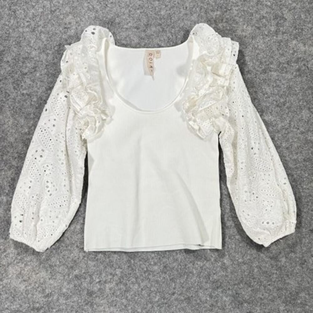 Dolan Blouse Womens S White Knit Anthropologie Eyelet Puff Sleeve Top Ruffle